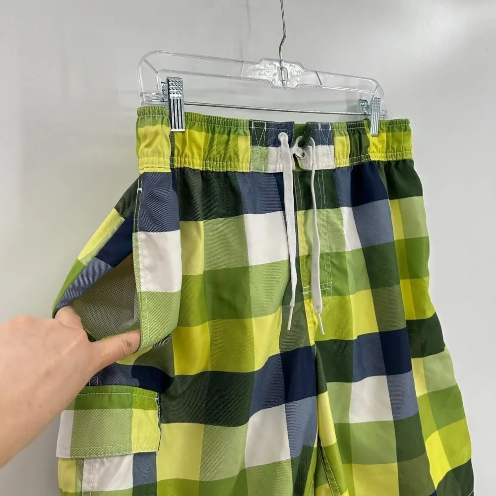 MOSSIMO Men's Green Yellow Plaid Mesh Lined Swim Trunks Shorts Size Large